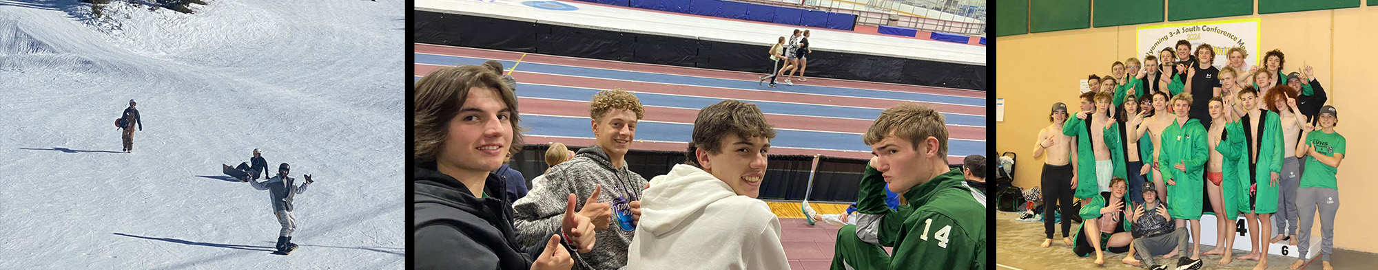 Students skiing, Boys at an indoor track meet, and boy swimming group photo