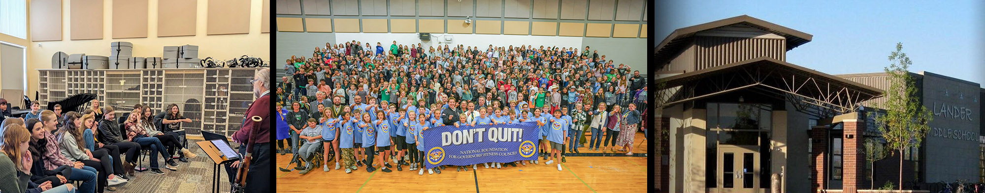 Students holding up Homecoming banner, Group of students at Don't Quit Assembly, and front view of Lander Middle School